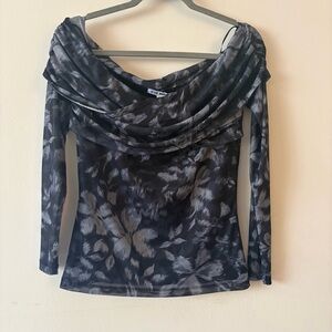 Steve Madden Black and Gray Floral Mesh Off the Shoulder Blouse size large